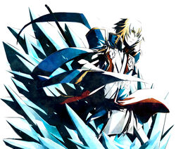  1boy blazblue blonde_hair collair_(cono) gloves green_eyes ice_crystal jin_kisaragi military military_uniform sheath sheathed short_hair uniform white_gloves 