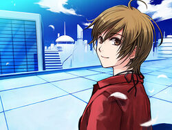  ahoge brown_eyes brown_hair cityscape day feathers female looking_back meiko_(vocaloid) moon scenery short_hair sky smile solo sorata vocaloid 