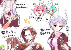  1boy 6+girls animal_ears armband belphegor_(umineko) black_hair blue_hair chiester410 chiester45 chiester_sisters choker closed_eyes dress facial_hair grey_hair kurohara_yuu leviathan_(umineko) monocle moustache multiple_girls necktie pink_hair ponytail rabbit_ears red_eyes ronove_(umineko) short_hair stakes_of_purgatory translation_request twintails umineko_no_naku_koro_ni ushiromiya_kyrie virgilia_(umineko) 