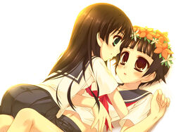  2girls bad_id bad_pixiv_id blush brown_eyes brown_hair flower green_eyes hair_flower hair_ornament head_wreath long_hair moriguchi_yuu multiple_girls sakugawa_school_uniform saten_ruiko school_uniform serafuku short_hair skirt summer_uniform toaru_kagaku_no_railgun toaru_majutsu_no_index uiharu_kazari yuri 