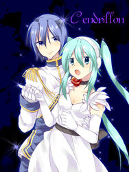  1boy aqua_eyes aqua_hair blue_eyes blue_hair cendrillon_(vocaloid) dress elbow_gloves female gloves hatsune_miku kaito_(vocaloid) long_hair moka-momaka photoshop_(medium) smile twintails very_long_hair vocaloid white_dress white_gloves 