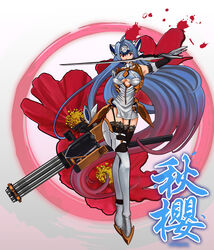  absurdly_long_hair absurdres blue_hair commentary_request cosmos_(flower) female flower gatling_gun highres kos-mos kos-mos_ver._4 long_hair minigun name_connection red_eyes red_flower solo thighhighs tomnic very_long_hair xenosaga xenosaga_episode_iii 