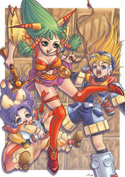  1boy 2girls bad_id bad_pixiv_id commentary_request falling feena_(grandia) grandia grandia_i green_hair hair_ornament jewelry justin_(grandia) kneehighs legs long_hair midriff multiple_girls navel necklace open_mouth photoshop_(medium) poko_(mipoko) shoes socks sue_(grandia) torn_clothes weapon 