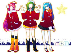  3girls ahoge aqua_eyes aqua_hair bad_id bad_pixiv_id blue_hair bonnet boots christmas coat earmuffs green_hair gumi hat hatsune_miku high_heels leg_warmers long_hair multiple_girls pink_eyes pink_hair red_hair santa_costume santa_hat sf-a2_miki shoes short_hair skirt smile tama_(speedgrapher) thighhighs twintails vocaloid yoshizawa_tamae zettai_ryouiki 