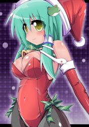  bad_id bad_pixiv_id breasts cleavage elbow_gloves female frog gloves green_hair hair_ornament honehone kochiya_sanae large_breasts pantyhose snake solo touhou yellow_eyes 