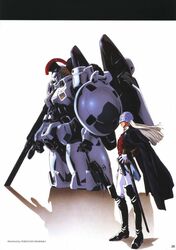  1boy blonde_hair boots cape gun gundam gundam_wing helmet long_hair male_focus mecha military military_uniform nishimura_nobuyoshi rifle robot shield sword tallgeese uniform weapon zechs_merquise 