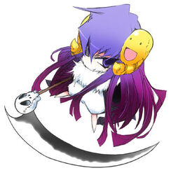  :d artist_request female gradient_hair guchuko holding holding_scythe lowres multicolored_hair potemayo purple_eyes purple_hair scythe simple_background skull smile solo white_background 