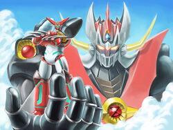  cloud commentary_request crossed_arms crossover day getter_robo highres matchin mazinger_(series) mazinkaiser mazinkaiser_(robot) mecha no_humans photoshop_(medium) robot shin_getter-1 shin_getter_robo 