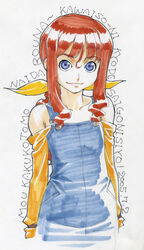  2005 bare_shoulders blue_eyes blue_overalls commentary_request coyote_ragtime_show dated drill_hair female franca_dochley gorigo hair_ribbon highres off_shoulder overalls photoshop_(medium) ponytail red_hair ribbon smile solo traditional_media 