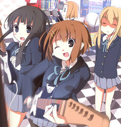  4girls akesaka_iku akiyama_mio arcade arcade_cabinet bad_id bad_pixiv_id bemani black_hair blonde_hair blue_eyes brown_eyes brown_hair cameo closed_eyes drummania drumsticks guitar guitarfreaks hairband hirasawa_yui instrument k-on! kotobuki_tsumugi long_hair motion_blur multiple_girls nakano_azusa o_o one_eye_closed pantyhose playing_games ribbon sakuragaoka_high_school_uniform school_uniform short_hair skirt taiko_no_tatsujin tainaka_ritsu video_game 