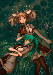  2girls alice_vysochina alternate_hairstyle aqua_eyes aqua_hair bad_id bad_pixiv_id blonde_hair dress fish hair_ribbon hatsune_miku hatsune_miku_(roshin_yuukai/nitamagomix) kagamine_rin kagamine_rin_(roshin_yuukai/hard_rkmix) long_hair microphone microphone_stand multiple_girls one_eye_closed ribbon roshin_yuukai_(vocaloid) thighhighs twintails vocaloid water zettai_ryouiki 