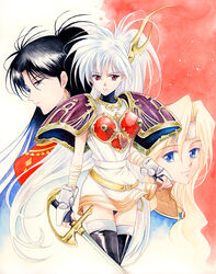  3girls agahari armor bad_id bad_pixiv_id black_hair blonde_hair commentary_request jessica_(langrisser) langrisser langrisser_iii liffany_(langrisser) long_hair luna_(langrisser) multiple_girls silver_hair sword thighhighs very_long_hair weapon zettai_ryouiki 