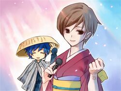  1boy blue_hair brown_eyes brown_hair female hat japanese_clothes kaito_(vocaloid) kimono meiko_(vocaloid) microphone sandogasa short_hair smile sorata vocaloid 