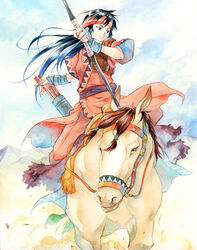  agahari archery arrow_(projectile) bad_id bad_pixiv_id black_eyes black_hair bow_(weapon) commentary_request dust_cloud female fire_emblem fire_emblem:_the_binding_blade headband horse horseback_archery horseback_riding long_hair mountain painting_(medium) riding solo sue_(fire_emblem) traditional_media watercolor_(medium) weapon 