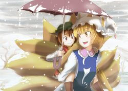  2girls animal_ears animal_hat blonde_hair blush boots brown_eyes brown_footwear brown_hair buncha_to_imon carrying cat_ears chen commentary_request dress fox_tail frills gimp_(medium) hat holding holding_umbrella jewelry knee_boots long_sleeves looking_at_another looking_back mob_cap multiple_girls multiple_tails open_mouth piggyback shared_umbrella shirt short_hair smile snow surcoat tabard tail tassel touhou umbrella upper_body white_dress white_shirt winter yakumo_ran yellow_eyes 