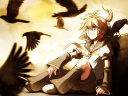  1boy aqua_eyes bird blonde_hair headphones headset kagamine_len male_focus necktie shorts sitting solo sorata vocaloid yellow_necktie 