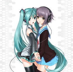  2girls aqua_eyes aqua_hair aqua_nails asymmetrical_docking bad_id bad_pixiv_id blue_sailor_collar blue_skirt breast_press breasts brown_eyes cardigan crossover detached_sleeves hatsune_miku headphones hexagon highres holding_hands interlocked_fingers kita_high_school_uniform light_purple_hair long_hair multiple_girls nagato_yuki nail_polish sailor_collar sano_toshihide school_uniform short_hair skirt small_breasts sony suzumiya_haruhi_no_yuuutsu symmetrical_hand_pose thighhighs tissue_princess twintails very_long_hair vocaloid winter_uniform yuri zettai_ryouiki 