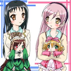  4girls :&lt; :t black_hair blonde_hair blush bow brown_eyes brown_hair dress green_eyes hairband hairbow heterochromia hinaichigo kuwatani_natsuko long_hair lowres multiple_girls nanto_yaya nogawa_sakura oekaki okuwaka_tsubomi pink_hair rozen_maiden school_uniform strawberry_panic! suiseiseki very_long_hair voice_actor_connection yellow_eyes 