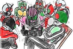  6+boys commentary_request gloves helmet kamen_rider kamen_rider_(1st_series) kamen_rider_1 kamen_rider_amazon kamen_rider_amazon_(series) kamen_rider_black kamen_rider_black_(series) kamen_rider_dcd kamen_rider_stronger kamen_rider_stronger_(series) kamen_rider_super-1 kamen_rider_super-1_(series) kamen_rider_v3 kamen_rider_v3_(series) kamen_rider_x kamen_rider_x_(series) multiple_boys sagittarius_k scarf translation_request 