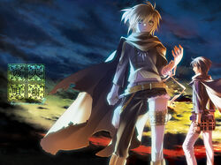  2boys asymmetrical_clothes bad_id bad_pixiv_id belt blonde_hair blue_eyes blue_hair boots cape denim fingerless_gloves gloves green_eyes highres jeans jewelry kagamine_len kaito_(vocaloid) knife male_focus migiwa_hasu multiple_boys necklace otoko_no_ko pants photoshop_(medium) ribbon single_pantsleg sky thigh_strap torn_clothes torn_jeans torn_pants vocaloid 