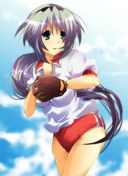  baseball baseball_mitt blue_eyes buruma clannad female grey_hair gym_uniform kurohara_yuu long_hair photoshop_(medium) red_buruma sakagami_tomoyo solo 