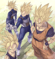  4boys arm_at_side arms_at_sides back-to-back beckoning blonde_hair closed_mouth collarbone commentary_request day dragon_ball dragon_ball_z father_and_son from_above frown furrowed_brow gloves grass green_eyes grin hand_on_own_hip katsutake lineup lolicon long_sleeves low_ponytail male_focus multiple_boys outdoors outstretched_arm ponytail profile saiyan_armor short_sleeves sleeveless smile smirk son_gohan son_goku spiked_hair standing super_saiyan super_saiyan_1 trunks_(dragon_ball) trunks_(future)_(dragon_ball) uniform vegeta white_gloves wristband 