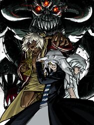  3boys bad_id bad_pixiv_id bakura_ryou dark-skinned_male dark_skin duel_monster male_focus multiple_boys multiple_persona tan touzokuou_bakura utitomi white_hair yami_bakura yu-gi-oh! yu-gi-oh!_duel_monsters zorc_necrophades 