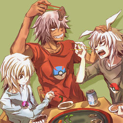  3boys alcohol bad_id bad_pixiv_id bakura_ryou beer chopsticks eating great_ball holding holding_chopsticks hoshinwa lowres male_focus master_ball multiple_boys multiple_persona poke_ball pokemon tan touzokuou_bakura white_hair yami_bakura yu-gi-oh! yu-gi-oh!_duel_monsters 