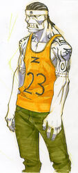  1boy arm_tattoo commentary_request cropped_legs fingernails gorigo headband highres male_focus pants shirt sid_barett simple_background sleeveless solo soul_eater standing tank_top tattoo teeth traditional_media white_background zombie 