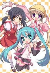  3girls aqua_eyes aqua_hair backpack bad_id bad_pixiv_id bag black_hair blush breasts brown_eyes brown_hair detached_sleeves eeeeee hair_bobbles hair_ornament hat hatsune_miku headphones headset highres kaai_yuki kindergarten long_hair multiple_girls necktie oerba_yun_fang petite_miku purple_eyes randoseru school_hat school_uniform sideboob skirt smile stuffed_animal stuffed_toy thighhighs tsukuyomi_ai twintails vocaloid voiceroid zettai_ryouiki 