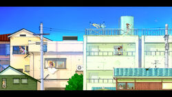  6+girls aerial air_conditioner bad_id bad_pixiv_id blonde_hair brown_hair building city cityscape copyright_request day highres leaf letterboxed multiple_girls orange_hair outdoors power_lines qrp scenery sky smile tree wind window 