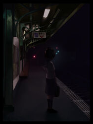  bad_id bad_pixiv_id bag border brown_hair dark female lights night original qrp school_uniform serafuku short_hair solo tactile_paving train_station waiting 