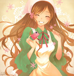  axis_powers_hetalia blush brown_hair female flower green_eyes grin hands hungary_(hetalia) long_hair smile solo zetallis 