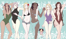  6+girls adjusting_hair axis_powers_hetalia bandeau bikini black_hair blonde_hair blue_eyes blue_sarong breasts brown_eyes china_(hetalia) cigarette cleavage commentary_request cuba_(hetalia) dark-skinned_female dark_skin double_bun flower france_(hetalia) genderswap_(mtf) germania_(hetalia) green_eyes hair_bun hair_flower hair_ornament hairband iceland_(hetalia) innertube large_breasts lineup lolicon long_hair mask multiple_girls nail_polish one-piece_swimsuit open_fly purple_eyes red_flower red_rose rome_(hetalia) rose rule_63 sarong short_hair short_shorts shorts smile smoking strap_slip strapless swim_ring swimsuit tube_top turkey_(hetalia) unzipped very_long_hair white_hair zoz 