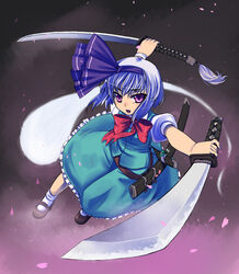  bad_id bad_pixiv_id bow bowtie chiha_(abo_ecm_mk25) dual_wielding female ghost grey_hair hairband holding katana konpaku_youmu konpaku_youmu_(ghost) purple_hairband red_bow red_bowtie red_eyes short_hair solo sword touhou weapon 