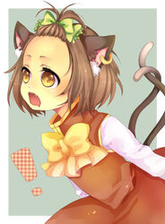  ! alternate_hairstyle animal_ears cat_ears cat_tail chen commentary_request drooling earrings female forehead hat jewelry mata multiple_tails ribbon shiny short_hair solo tail topknot touhou 