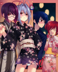  4boys :d absurdres ahoge antenna_hair blue_hair blush bulge cherry_girls closed_eyes glasses heart highres holding_hands japanese_clothes kasukabe_akira kimono lantern looking_at_viewer multiple_boys obi obijime one_eye_closed open_mouth otoko_no_ko otoko_no_ko_wa_meido_fuku_ga_osuki!? panties pantyshot paper_lantern red_eyes red_hair rio_(otosuki) sash short_hair smile tomo_(otosuki) underwear white_panties yukata yuki_(otosuki) 