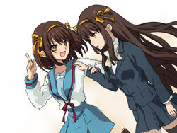  2girls bad_id bad_pixiv_id blazer blue_sailor_collar blue_skirt brown_eyes brown_hair dual_persona dutch_angle hairband jacket kita_high_school_uniform kouyouen_academy_school_uniform long_hair multiple_girls official_alternate_costume official_alternate_hair_length official_alternate_hairstyle orange_hairband r_(sena007) sailor_collar school_uniform serafuku short_hair skirt suzumiya_haruhi suzumiya_haruhi_no_shoushitsu suzumiya_haruhi_no_yuuutsu thighhighs winter_uniform 