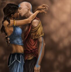  1boy aang arrow_(symbol) avatar:_the_last_airbender avatar_legends bald black_hair closed_eyes commentary couple dark-skinned_female dark_skin english_commentary facial_mark female hug katara kissing long_hair midriff nylak realistic straight tattoo 