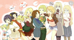  6+girls america_(hetalia) axis_powers_hetalia blonde_hair bra brown_hair canada_(hetalia) china_(hetalia) coat commentary_request france_(hetalia) genderswap_(mtf) germany_(hetalia) japan_(hetalia) kumajirou_(hetalia) lingerie multiple_girls nanami0606 northern_italy_(hetalia) pantyhose photoshop_(medium) ribbon rule_63 russia_(hetalia) sealand_(hetalia) underwear united_kingdom_(hetalia) 