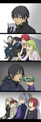  2boys 6+girls alcohol amado_(shin) amber_(darker_than_black) bai_(darker_than_black) beard_stubble black_hair blonde_hair bottle commentary_request darker_than_black drinking facial_hair gaijin_4koma_(meme) glasses green_hair havoc_(darker_than_black) hei_(darker_than_black) highres holding holding_bottle july_(darker_than_black) kirihara_misaki mask meme multiple_boys multiple_girls mustache_stubble parody ponytail red_hair stubble suou_pavlichenko tanya_(darker_than_black) unworn_mask white_hair yin_(darker_than_black) 