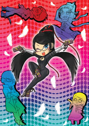  2boys 3girls bayonetta bayonetta_(series) bayonetta_1 black_hair blue_eyes bodysuit breasts cereza chibi commentary_request dual_wielding earrings eyeshadow glasses gloves gun handgun holding jeanne_(bayonetta) jewelry long_hair luka_redgrave makeup medium_breasts mole mole_under_mouth multiple_boys multiple_girls one_eye_closed open_mouth quadruple_wielding r10 rodin shoes very_long_hair weapon 