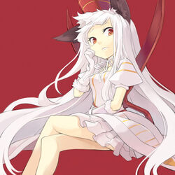  animal_ears bad_id bad_pixiv_id crossed_legs dress female gloves long_hair lord_of_vermilion minoa_(lastswallow) photoshop_(medium) red_eyes red_queen_(lord_of_vermilion) simple_background sitting solo white_hair 