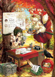  2girls animal_ears autumn bird black_hair black_wings camera commentary_request crow cucumber daruma_doll desk detached_sleeves doll food geta hat inubashiri_momiji maiko_(hyoppo244) multiple_girls newspaper photo_(object) red_eyes shameimaru_aya short_hair tail tokin_hat touhou tree white_hair wings wolf_ears wolf_tail yukkuri_shiteitte_ne 