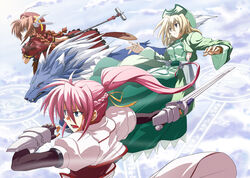  3girls blonde_hair braid commentary_request graf_eisen hammer klarwind laevatein_(nanoha) lyrical_nanoha mahou_shoujo_lyrical_nanoha mahou_shoujo_lyrical_nanoha_a&#039;s multiple_girls pink_hair ponytail red_hair shamal signum sword twin_braids vita_(nanoha) weapon yuu-yuu zafira 