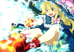  bad_id bad_pixiv_id blonde_hair boots bow female green_eyes hairbow hat highres kirisame_marisa legs mini-hakkero photoshop_(medium) solo star_(symbol) touhou witch_hat zanunoneko 