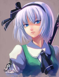  black_hairband blue_eyes commentary_request female hairband konpaku_youmu photoshop_(medium) short_hair solo sword touhou weapon white_hair zhenlin 