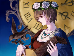  bird brown_eyes brown_hair crown dress female flower hair_flower hair_ornament head_wreath instrument jewelry lute_(instrument) meiko_(vocaloid) necklace rose short_hair solo sorata vocaloid white_flower white_rose 