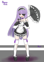  apron bare_shoulders dream_c_club dream_c_club_(series) eyepatch female long_hair maid mari_(dream_c_club) ooishi_chuuni parasol purple_eyes purple_hair solo thighhighs umbrella zettai_ryouiki 