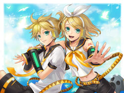  1boy aqua_eyes bird blonde_hair brother_and_sister cloud crop_top day detached_sleeves doriemon female hair_ornament hair_ribbon hairclip headset kagamine_len kagamine_rin midriff musical_note necktie ribbon sailor_collar short_hair shorts siblings sky sleeves_past_wrists smile twins vocaloid yellow_necktie 